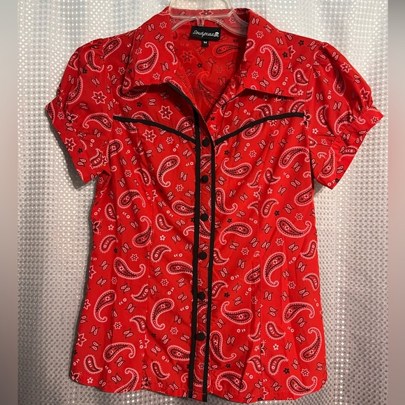 Sourpuss Clothing Red Bandana Western Paisley Top Medium Rockabilly - Picture 2 of 5